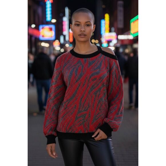 Willow Drive Animal Print One Cold Shoulder Pullover Sweater Red Gray Size XL - Picture 2 of 9